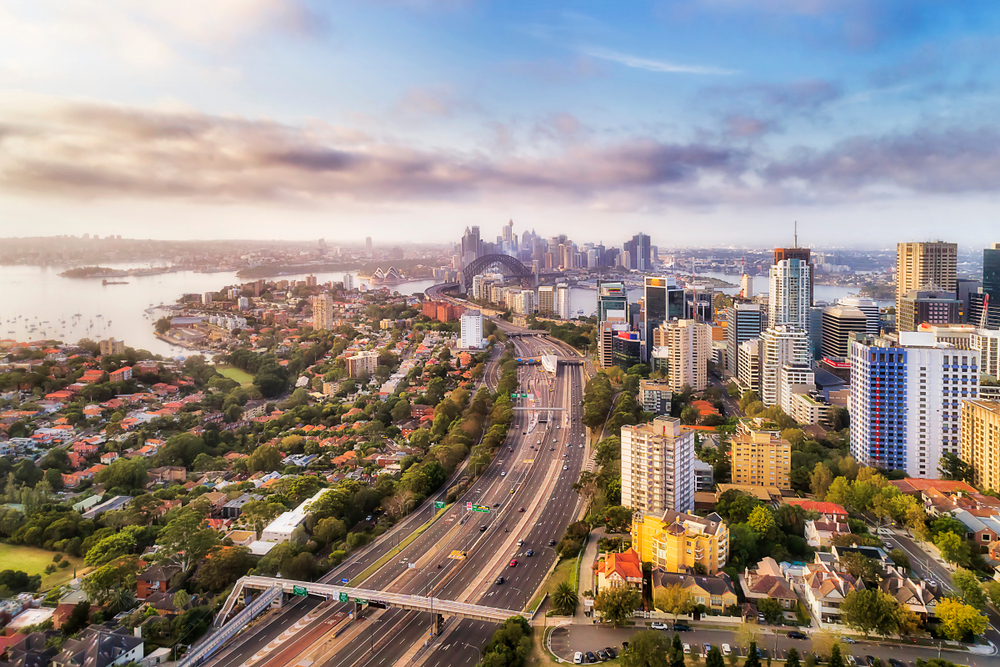 Aerial view of North Sydney road ways and city buildings